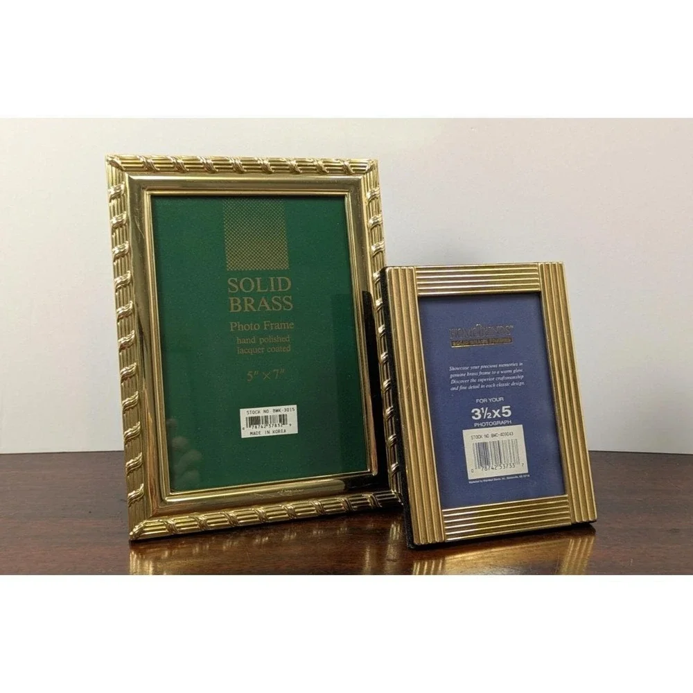 Solid Brass Photo Frames 5x7 & 3.5x5 Gold Tone Easel Tabletop Vintage Lot of 2